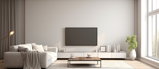 Modern gray and white living space with large couch and TV With copyspace for text - obrazy, fototapety, plakaty