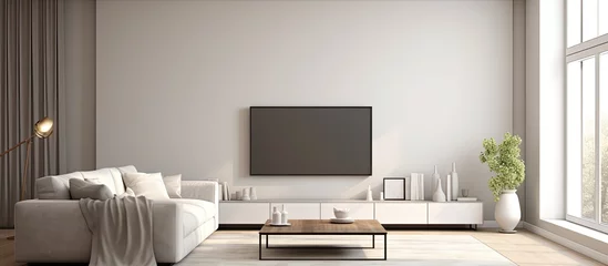 Foto op Plexiglas Modern gray and white living space with large couch and TV With copyspace for text © 2rogan