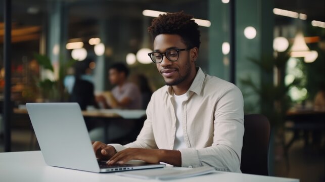 African-American male in office on laptop