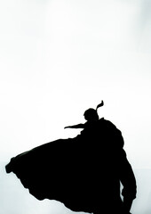Silhouette of a male action figure toy wearing a flowing cape isolated on a white background