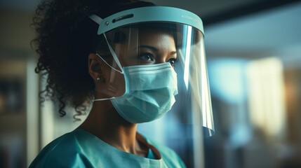 Fototapeta na wymiar Female African-American nurse, wearing personal protective gear