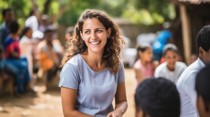 Portrait of a happy helpful female volunteer. Humanitarian aid and volunteering concept.
