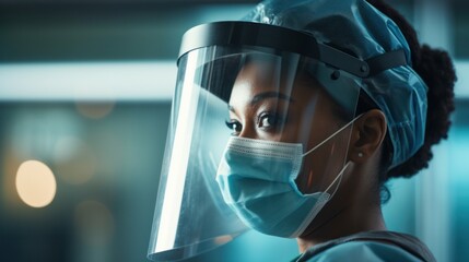Female African-American nurse, wearing personal protective gear - obrazy, fototapety, plakaty