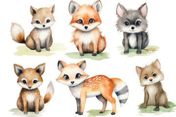 Hand-painted collection of cute woodland creatures on white background. Illustrative Art and Creativity.