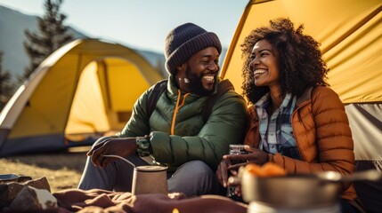 African-American couple camping