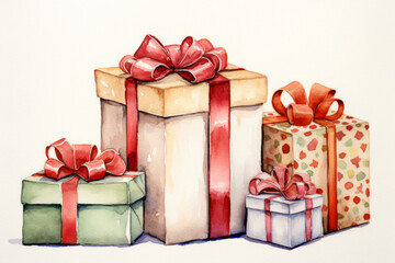Watercolor holiday presents illustration, wrapped gift boxes, birthday party design elements set isolated on white background, festive clip art.