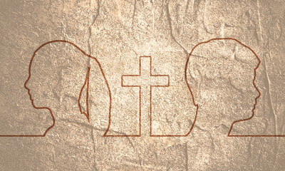Obraz premium Happy valentines day and wedding design concept. Side view. Woman and man head thin line style silhouettes. Christian cross between people