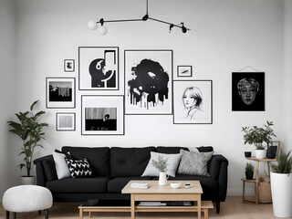Scandinavian boho home interior design of modern living room with black sofa and black coffee table with art poster on white wall. Generative AI.