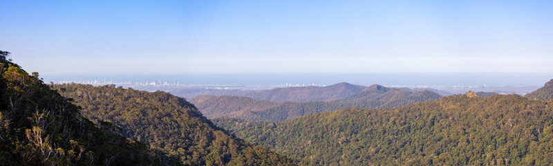 Fototapeta na wymiar Sunset view of Gold Coast skyline from the Springbrook National Park look out point