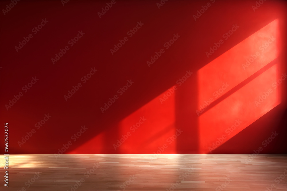 Poster creative mock concept. empty red large empty textured grunge wall room with natural shadow. banner t
