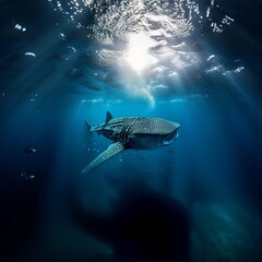 Whale Shark Swimming Underwater with Sunlight Filtering Through the Surface of the Water