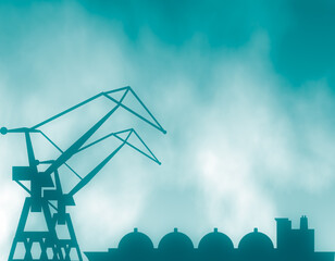 Cargo port relative silhouettes with dramatic sky background.