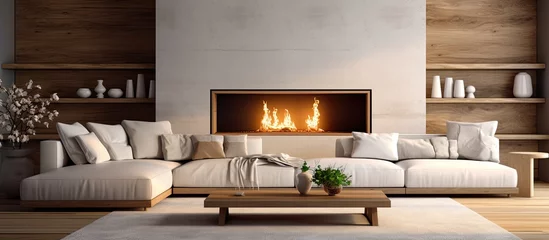 Poster Modern elegant and luxurious interior design creating a warm and bright living room ambiance with a fireplace wood furniture and ample seating space With copyspace for text © 2rogan