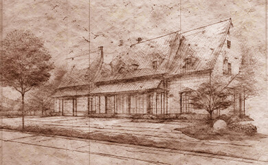 Wood house in retro sketch style. Hand drawn old house. Pen and ink vintage drawn textured by old crumpled paper