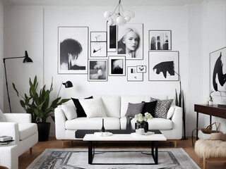 Scandinavian boho home interior design of modern living room with white sofa and black coffee table with art poster on white wall. Generative AI.