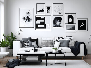 Scandinavian boho home interior design of modern living room with white sofa and black coffee table with art poster on white wall. Generative AI.