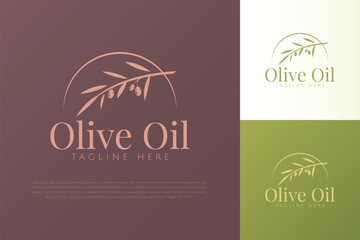 Essential Olive Oil Organic Product Logo with Abstract Illustration Branch Leaf Fruit Plant Concept Branding Template