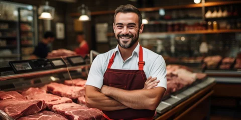 Fotobehang butcher is working in modern meat shop, generative AI © VALUEINVESTOR