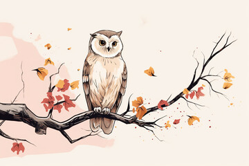 owl perched on a tree in sketch, in yellow and pink style, simple design 3d rendering AI generative  - obrazy, fototapety, plakaty