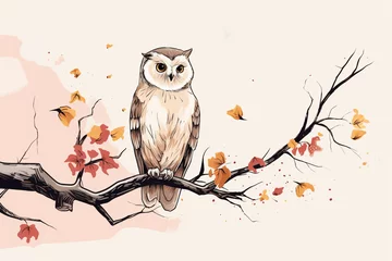 Kussenhoes owl perched on a tree in sketch, in yellow and pink style, simple design 3d rendering AI generative  © Salawati