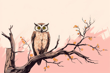 owl perched on a tree in sketch, in yellow and pink style, simple design 3d rendering AI generative 