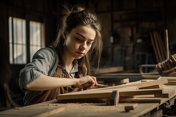 Asian carpenter with wooden detail in workshop