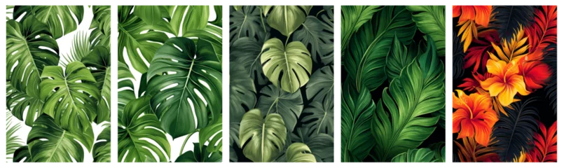 Foto op Canvas Seamless Pattern with Vector Monstera and Palm Leaves. Exotic Summer Background. Green Jungle Foliage. Tropical Seamless Pattern for Print, Paper, Fabric, Textile, Wallpaper, Wrapping, Cloth Design. © Kar