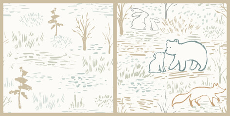 Mom and baby bears cute seamless, pattern. Hand drawn forest family. Mother and kid woodland