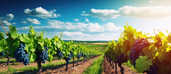 Picturesque summer agricultural landscape featuring vibrant rows of red grape vineyards under a blue sky With copyspace for text