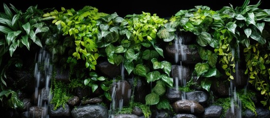 Naklejka premium Outdoor office building decoration features small artificial vertical waterfall for relaxation
