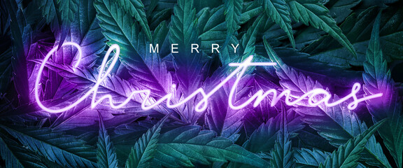 Banner with neon inscription Merry Christmas on a green background with cannabis leaves. Holiday...