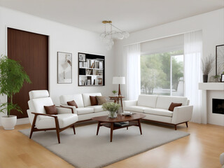 Modern living room home interior design with brown leather armchair and white sofa. Generative AI.