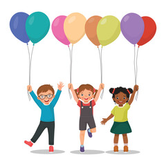 Group of happy kids holding colorful balloons © Tenstudio