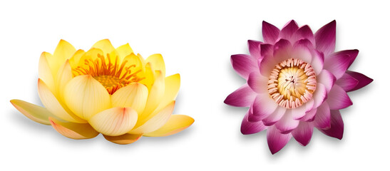 Close up of purple and yellow lotus flowers isolated on transparent background. Top and side view.  