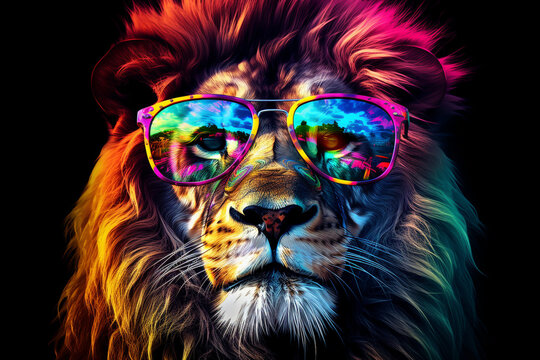cute lion wearing glasses combination of neon lights, black background 3d rendering AI generative 