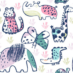 Summer animals tropical seamless pattern. Hand drawn african . Beach vacation background design, savannah textile print
