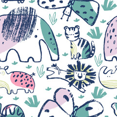 Summer animals tropical seamless pattern. Hand drawn african . Beach vacation background design, savannah textile print. - 662535606