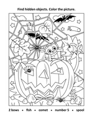 Halloween activity sheet. Find hidden objects picture puzzle and coloring page. Pumpkin at the field in night.
