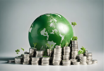 Green Globe with world map and stack of silver coins the seedlings are growing on top. Concept of Green business, finance and sustainability investment. Carbon credit. money saving investment