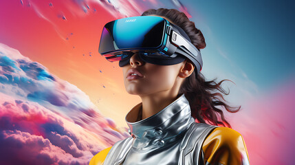 Tech Model Wearing VR Goggles Immersed in a Virtual World