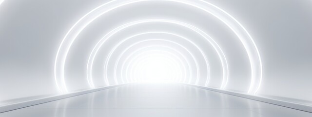 White background 3D room light abstract space technology tunnel stage floor. Empty white future 3D...
