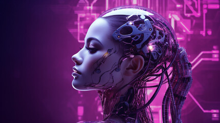 Fototapeta premium Girl character design. Cyborg face woman technology background with Generative Ai.