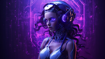 Girl character design. Cyborg face woman technology with Generative Ai.