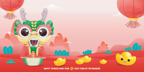 Obraz na płótnie Canvas Happy Chinese new year 2024 and little dragon in year of the dragon zodiac Capricorn calendar poster design gong xi fa cai Background illustration vector, Translate happy new year