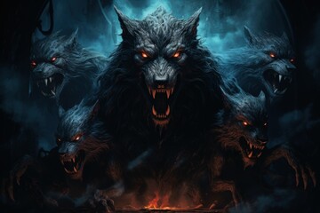 Fierce werewolves transforming under the light of the full moon - Generative AI
