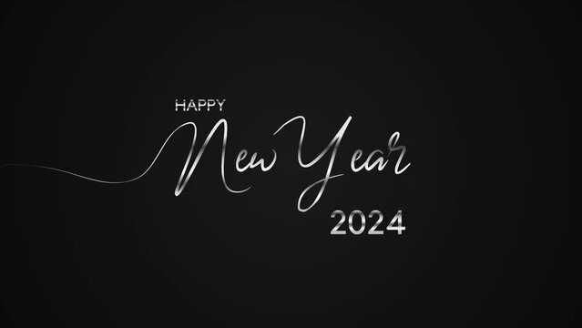 Happy New Year 2024 animation with silver handwritten script on isolated background