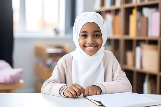 Portrait Of Smiling Black Muslim African Girl Child Wearing Hijab Holding Book In Modern Classroom