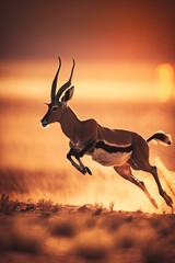 Sunset Soar: A Graceful Gazelle Leaping Amidst the Warm Hues of African Savannah