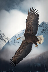 Fototapeta premium Eagle’s Elevation: A Majestic Flight Over Snow-Kissed Mountain Peaks