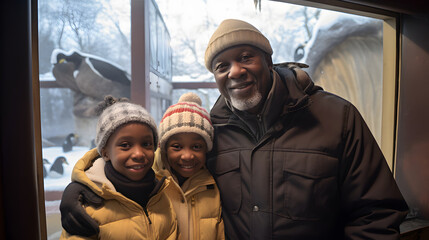 Portrait of grandfather and grandchildren smiling in front of the windowed penguin exhibit at the zoo